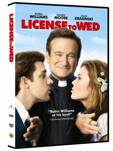 DVD cover for “License to Wed” featuring Robin Williams, Mandy Moore, and John Krasinski.
