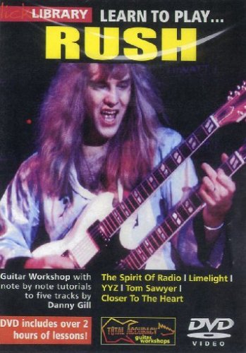 DVD cover for “Lick Library: Learn To Play Rush” featuring a guitarist.