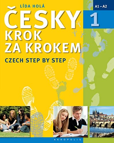Czech Step by Step textbook cover, level 1, with footprints and city view.