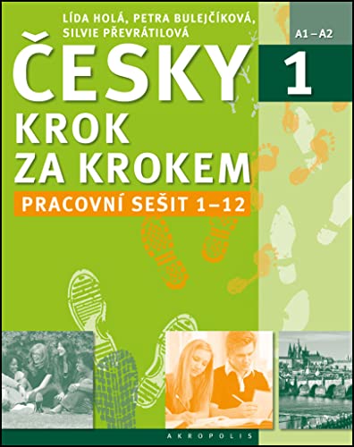 Czech language workbook cover with footprints, faces, and city scene.