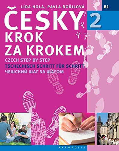 Czech language textbook "Česky Krok za Krokem 2" with footprints and people.