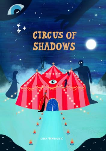 Book cover: red circus tent with an eye, shadowy figures, and stars.