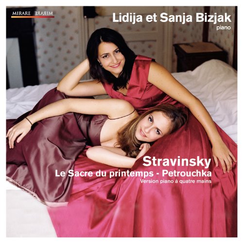 CD cover featuring two women lying on a bed, piano music by Stravinsky.