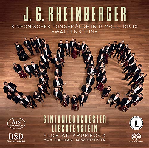 The image is a CD cover featuring a symphony orchestra. #### Alt Text "CD cover with musicians forming a heart shape on a wooden floor."