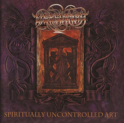 Dark album cover with ornate script, dragons, and a demonic relief sculpture.