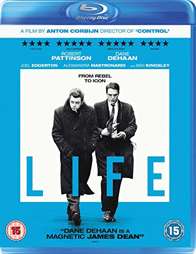 "Blu-ray case with blue cover featuring two men walking, with 'LIFE' in large letters."