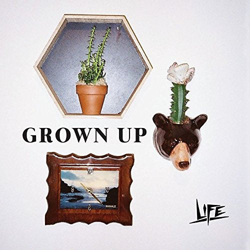 Album cover for "Grown Up" featuring a cactus, bear head, and clock.