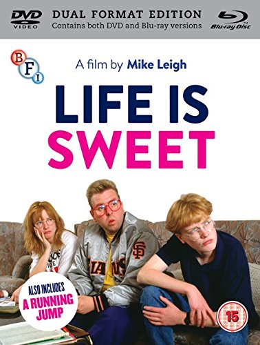 “Life Is Sweet” Blu-ray cover with three people and film title.