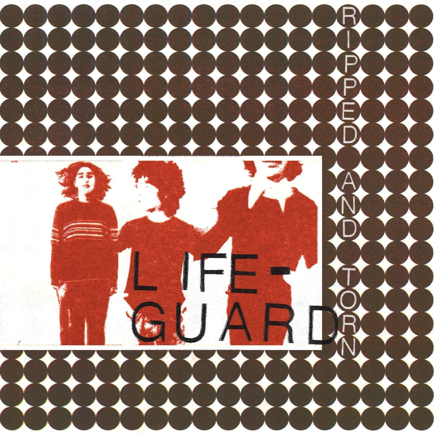 Album cover with a red-tinted photo of three people over a dark polka-dot background.