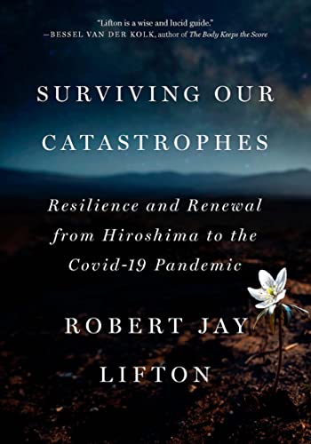 Book cover: "Surviving Our Catastrophes" with a white flower in ash.