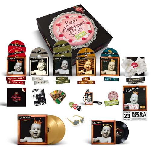 Ligabue "Buon Compleanno Elvis" box set with CDs, vinyl, and memorabilia.