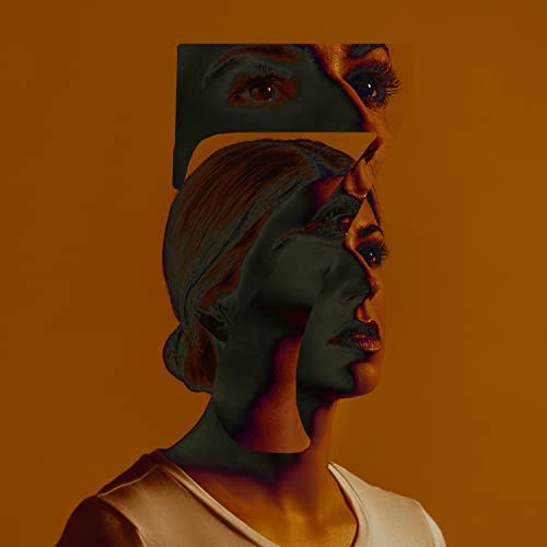 Fragmented portrait of a woman with dark and orange tones.