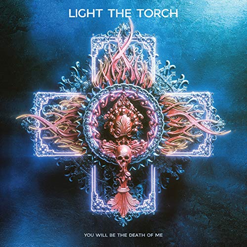 Blue album cover with ornate, glowing cross and skull imagery.