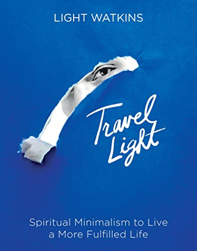 Book cover with abstract white shape and blue background, titled "Travel Light".