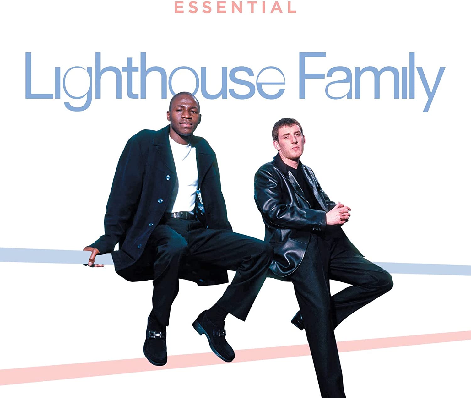 "Album cover with two men sitting on thin lines, white background, 'Lighthouse Family' text."
