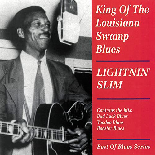 Lightnin’ Slim album cover, portrait of a smiling man with a guitar.