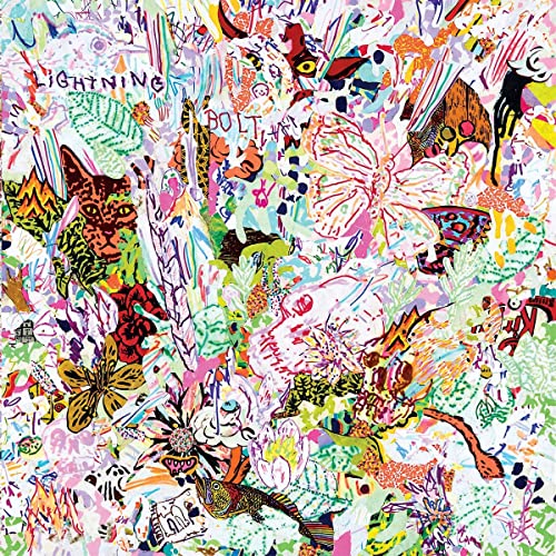 Colorful, chaotic collage of animals, plants, and text reading "Lightning Bolt.