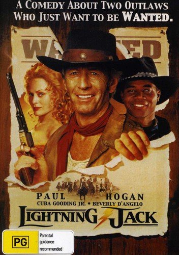 Lightning Jack" DVD cover featuring two cowboys and a woman with a gun.