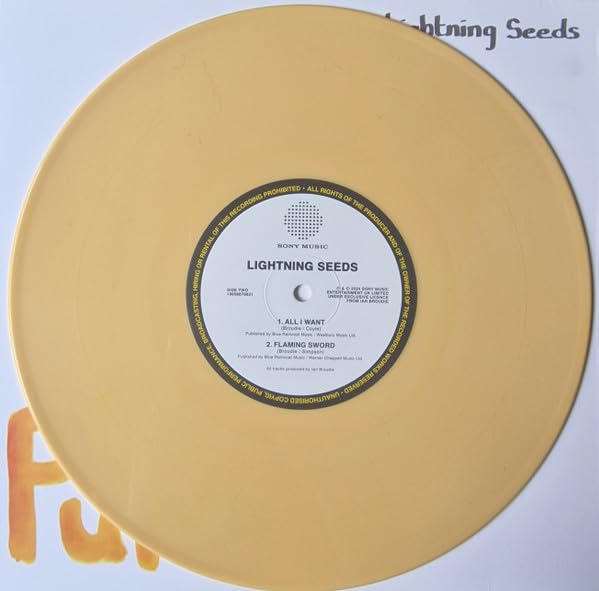 Yellow vinyl record label with "Lightning Seeds" and tracklist details.