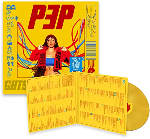 Yellow vinyl record and gatefold sleeve featuring a woman in red.