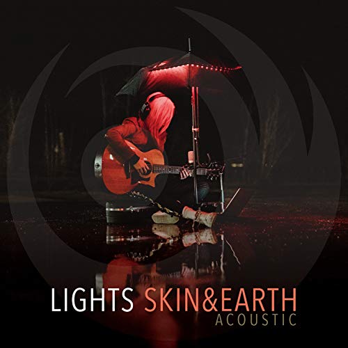 Album cover: musician with guitar under red illuminated umbrella, rainy setting.
