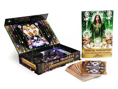 Celestial Frequencies oracle card set with open box, guidebook, and spread of cards.