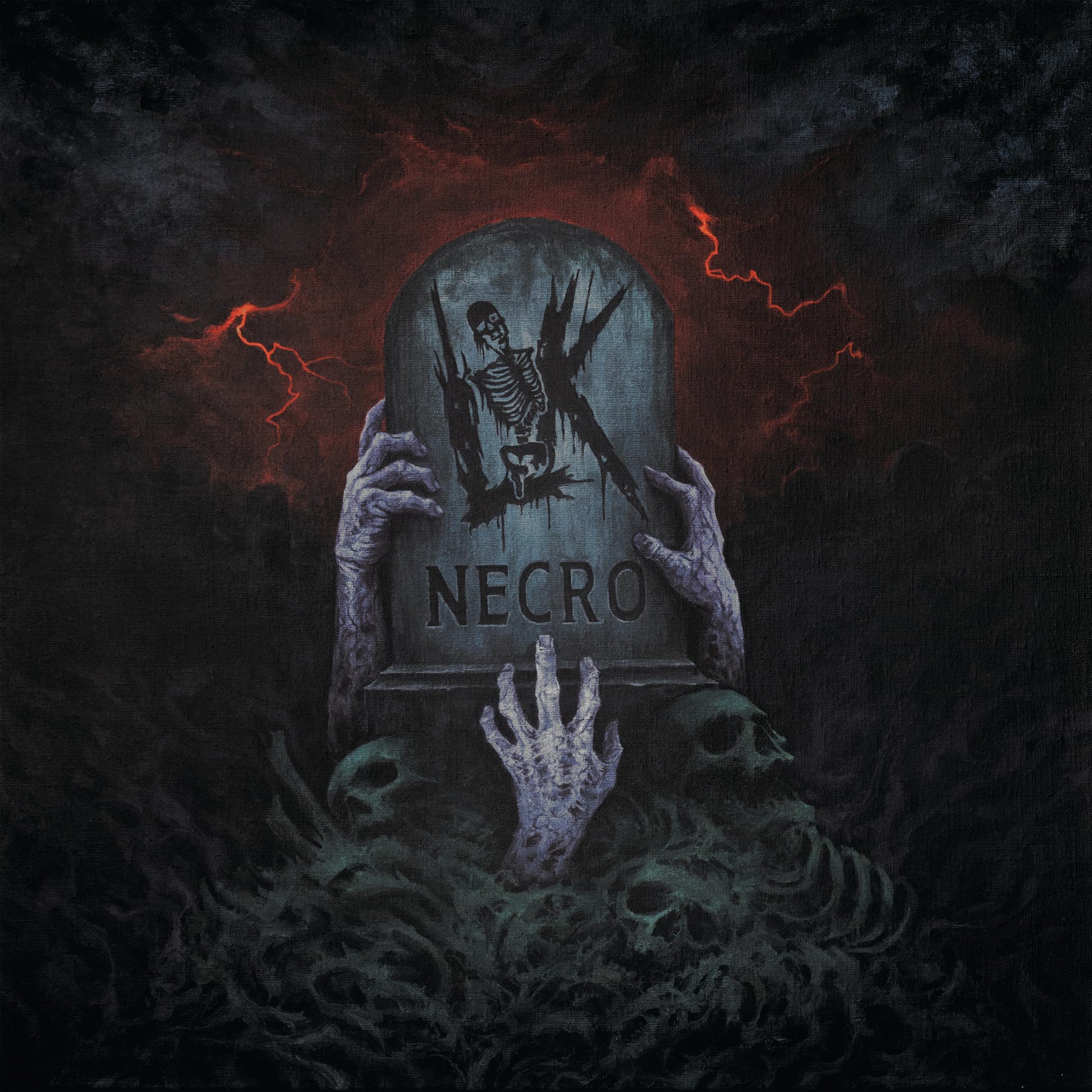 Gothic album cover featuring a skeletal figure and grasping hands near a tombstone.