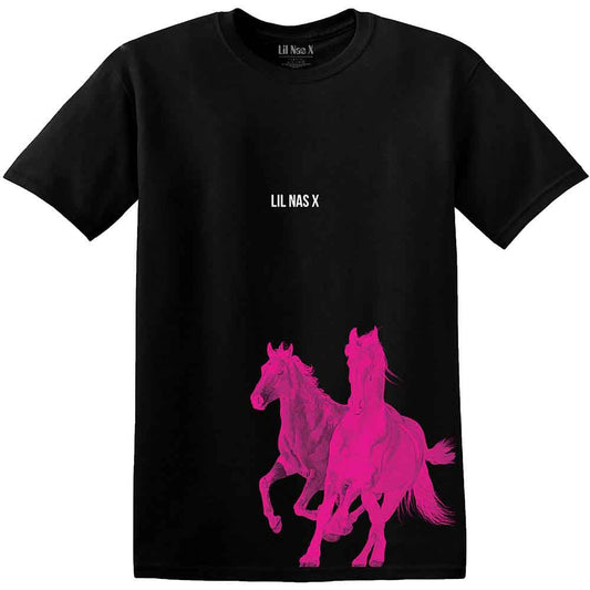Black t-shirt with pink horse graphic and “Lil Nas X” text.