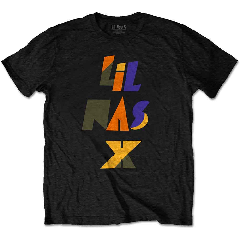 Black t-shirt with colorful, fragmented "Lil Nas X" logo print.