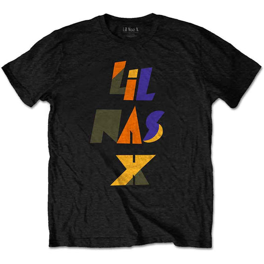 Black t-shirt with colorful, fragmented "Lil Nas X" logo print.
