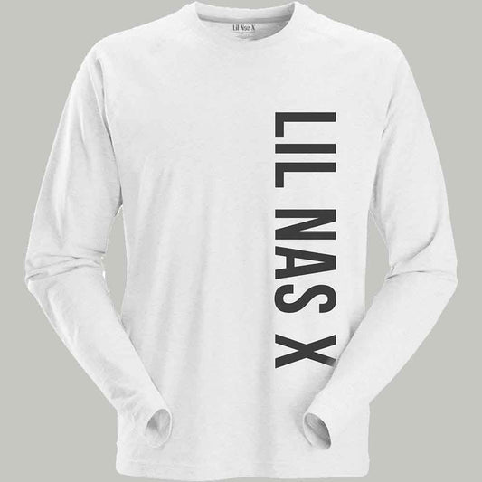 A person wearing a white long-sleeve shirt with vertical Lil Nas X text.