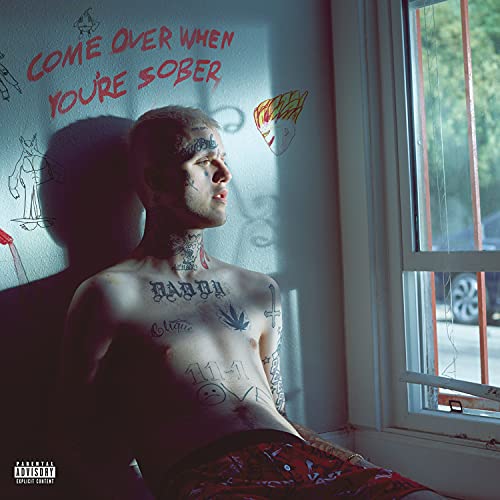 Shirtless tattooed Lil Peep sitting by a window with album title text on wall.
