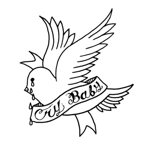 Black and white line drawing of a bird with a banner reading "Cry Baby".