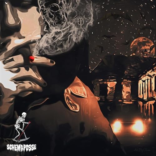 Lil Peep album cover: profile with cigarette, spooky house, and skeleton.