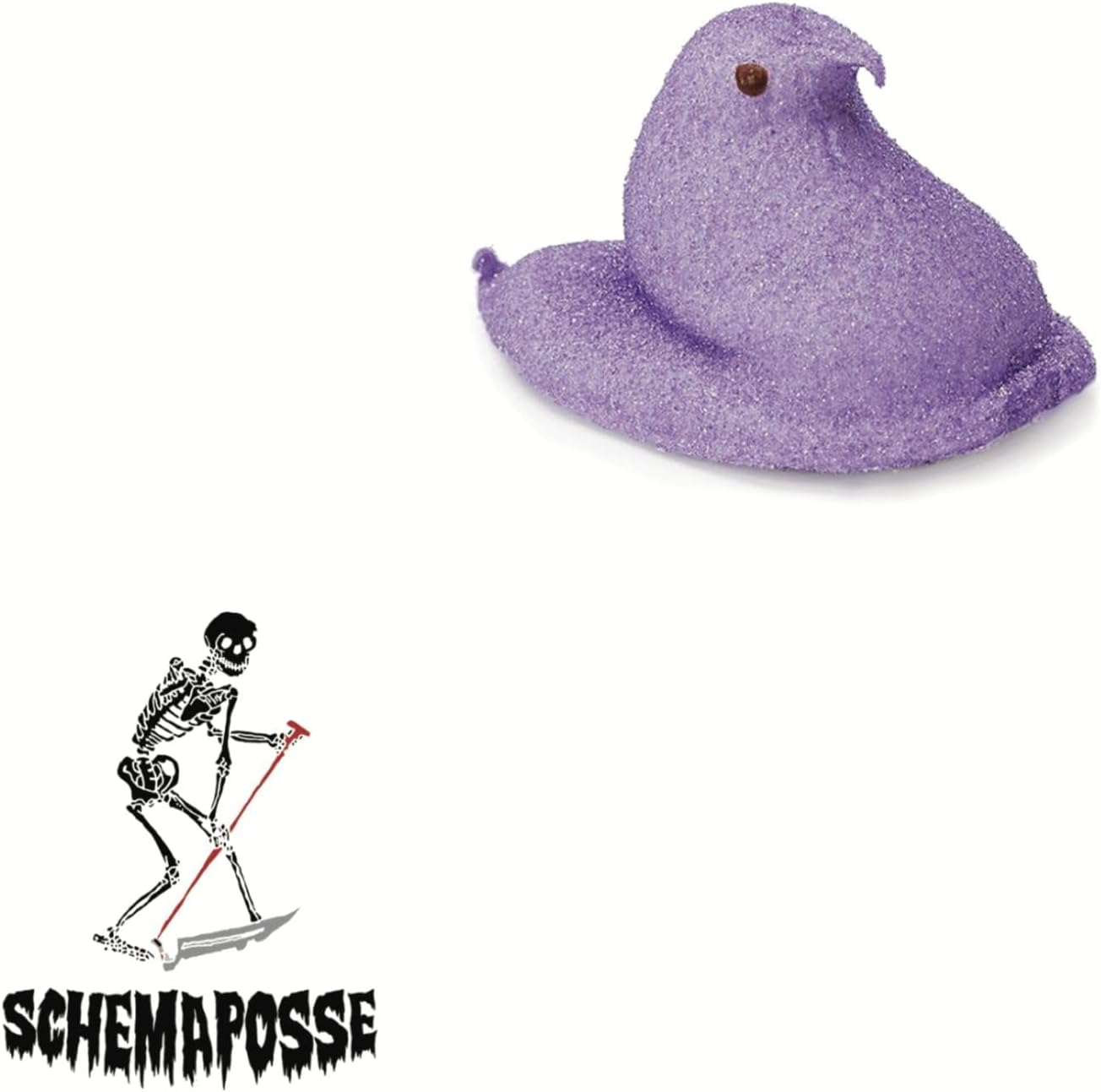 Purple Peep marshmallow and skeleton skating graphic on white background.