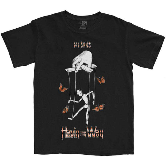 Black unisex t-shirt featuring a graphic of a butterfly puppet on the front.