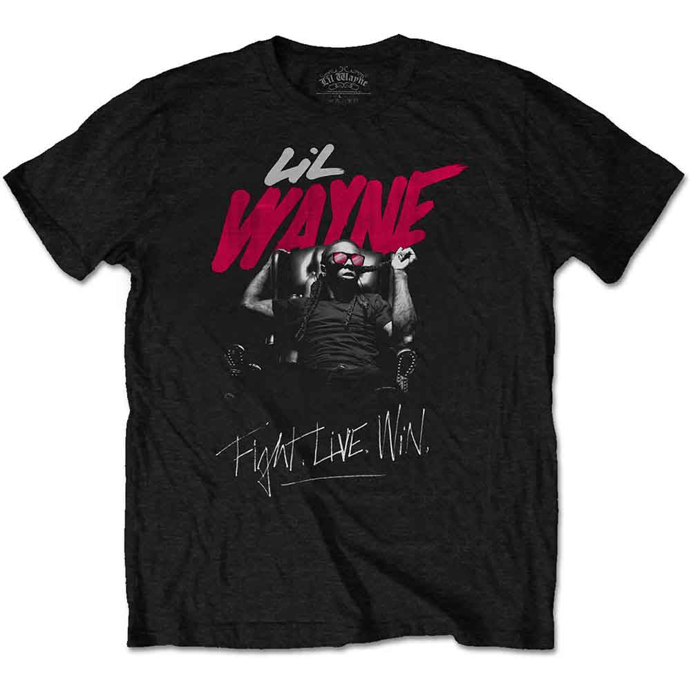 Black t-shirt with Lil Wayne graphic and "Fight Live Win" text.