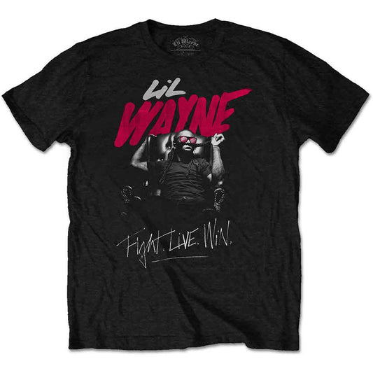 Black t-shirt with Lil Wayne graphic and "Fight Live Win" text.