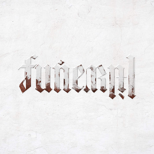 The image is a CD cover for "Lil Wayne - Funeral" with the title "Funeral" prominently displayed in a stylized, 3D font. The text appears to be cut out of a white surface, revealing a marbled red and white background underneath. The font is distressed, giving it a rough, torn appearance. At the bottom center of the image, there is a small black and white "Parental Advisory Explicit Content" logo. The background of the image is