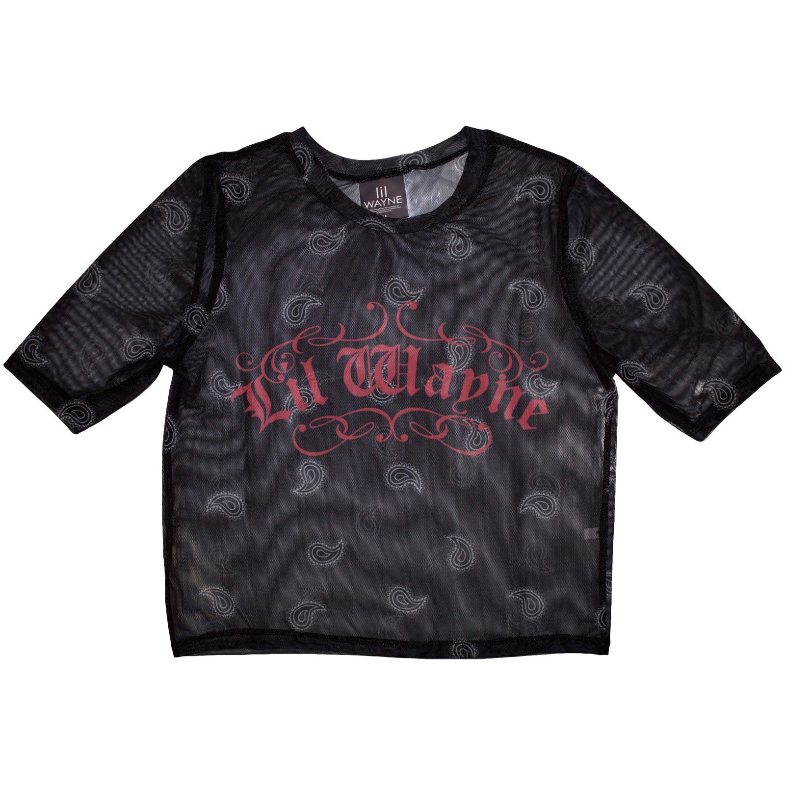 Black mesh crop top with white “Lil Wayne” script logo, size X-Small.