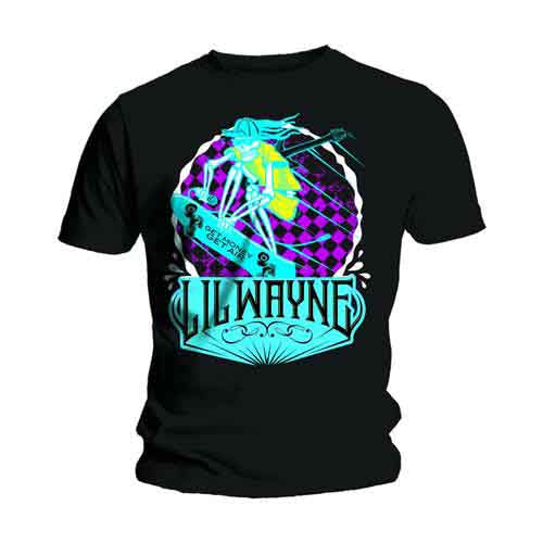 Black t-shirt with a colorful skeleton graphic and “Lil Wayne” text.