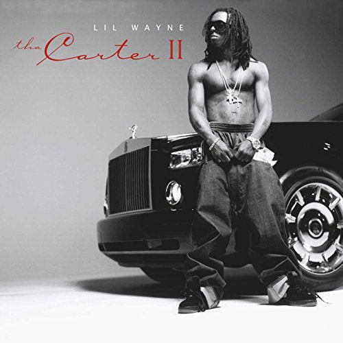 Lil Wayne album cover, black and white portrait with a car.