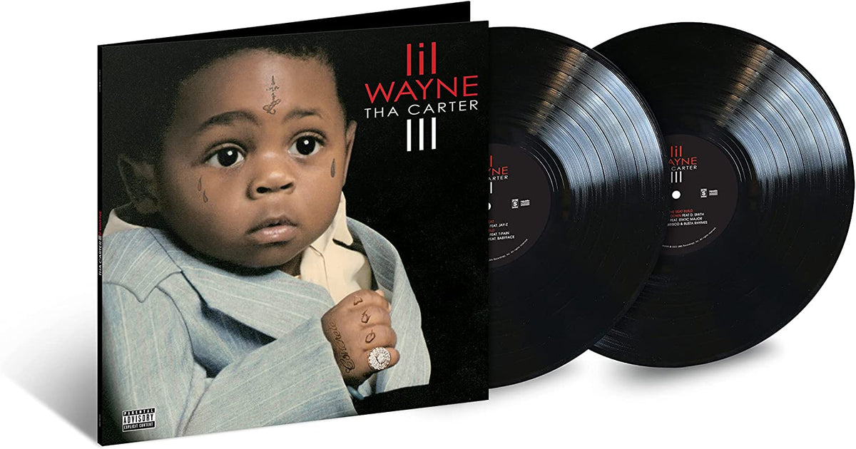 Lil Wayne’s “Tha Carter III” 15th Anniversary 2LP vinyl record displayed.