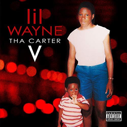 Lil Wayne album cover: young Wayne with a child, red bokeh background.