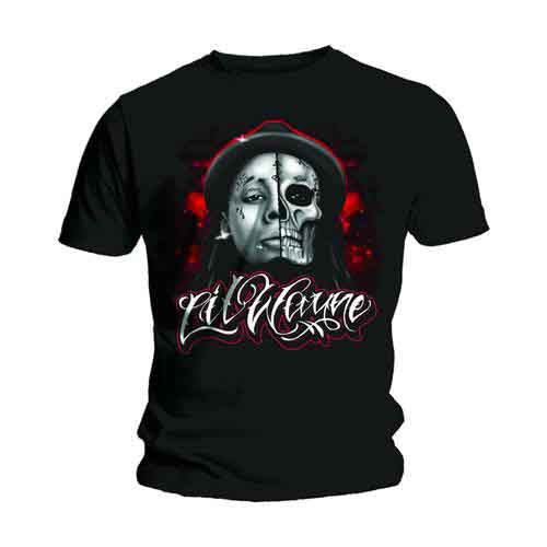 Black t-shirt with a skull and Lil Wayne's name graphic.
