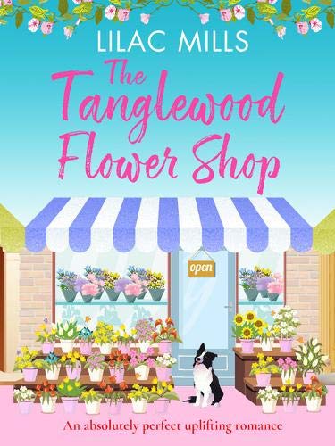 Book cover with a flower shop illustration and a black and white dog.