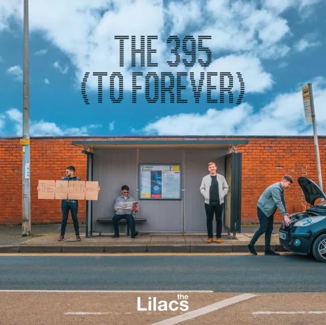 Album cover featuring four men at a bus stop with cloudy sky.