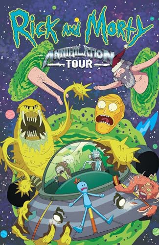 Rick and Morty characters in a spaceship amidst cosmic chaos.