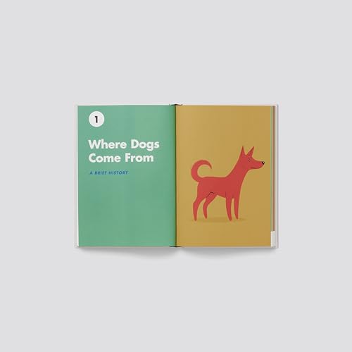 Open book page with illustrated red dog and text about dog history.