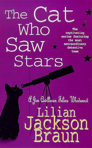 Book cover featuring a black cat silhouette looking through a telescope on purple background.